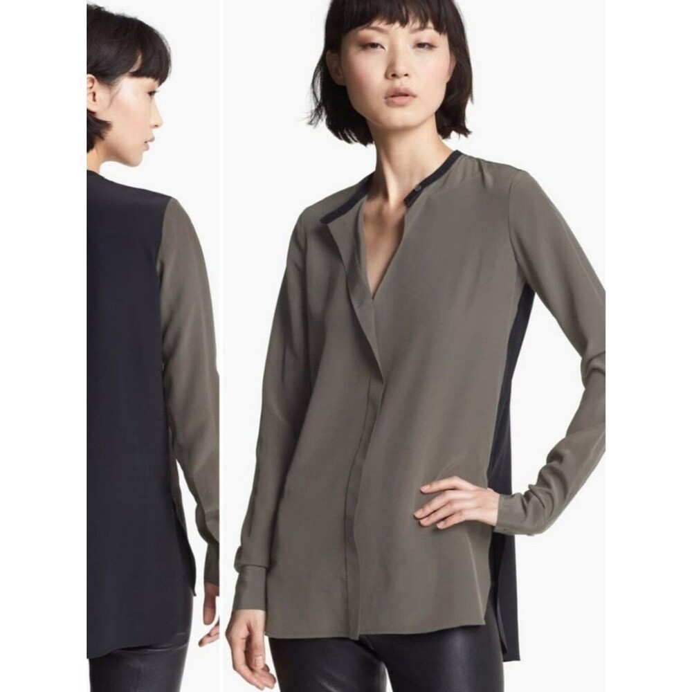 Vince 100% silk blouse colorblock gray black corporate goth 6 small